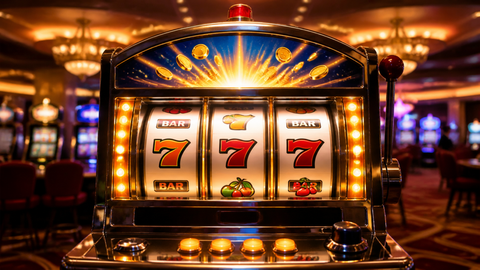 Máy quay hũ casino với đèn sáng và biểu tượng thưởng