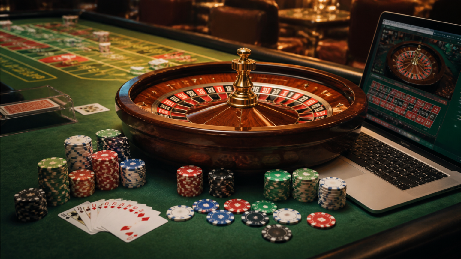 Casino roulette table with chips and a laptop showing an online casino