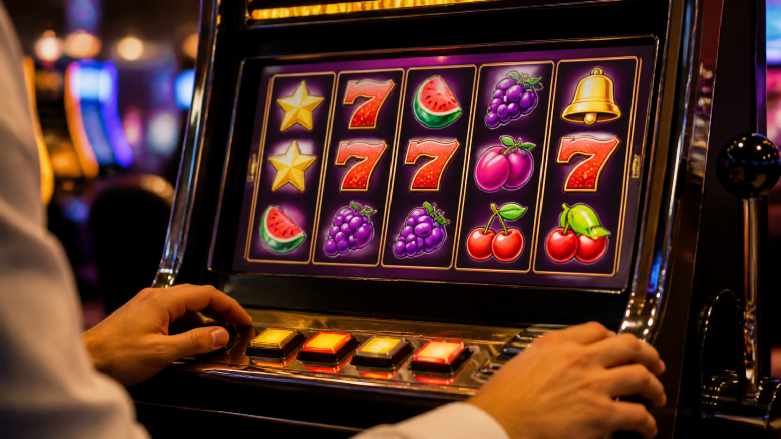 Tampilan mesin slot kasino dengan gulungan berwarna