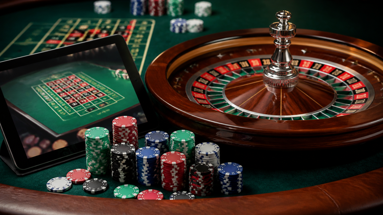 Casino betting screen with chips and roulette wheel